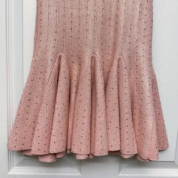 LoveShackFancy Metallic Godet Mini Dress Pink Crystal Knit Womens Size Small New - Picture 7 of 10